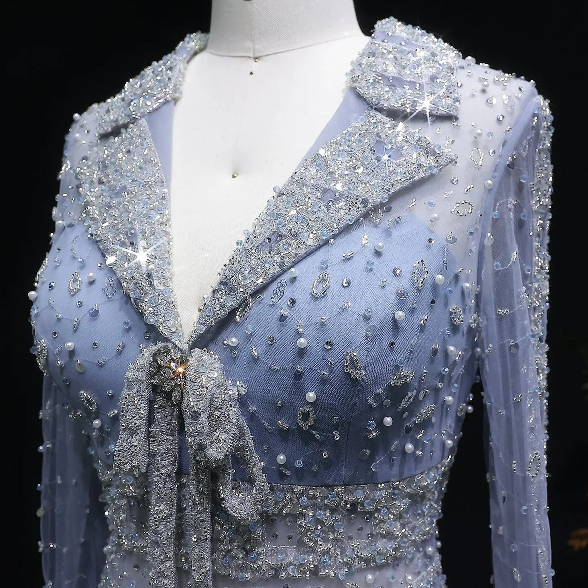 Luxury Blue Notched Collar Long Sleeve Beaded Evening Dress SS419