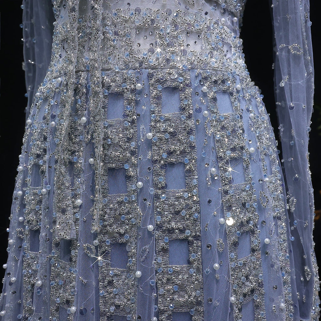 Elegant Champagne Notched Collar Beaded Long Sleeve Evening Dress SS419
