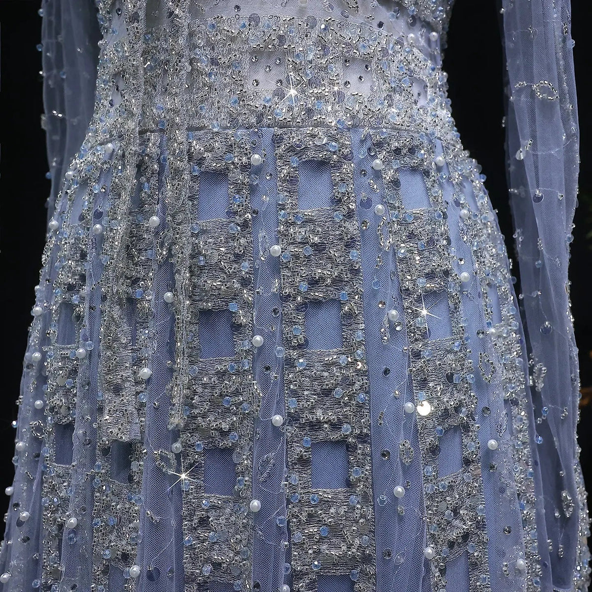 Luxury Blue Notched Collar Long Sleeve Beaded Evening Dress SS419
