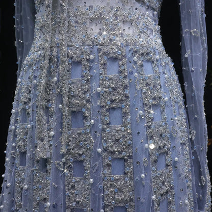 Luxury Blue Notched Collar Long Sleeve Beaded Evening Dress SS419