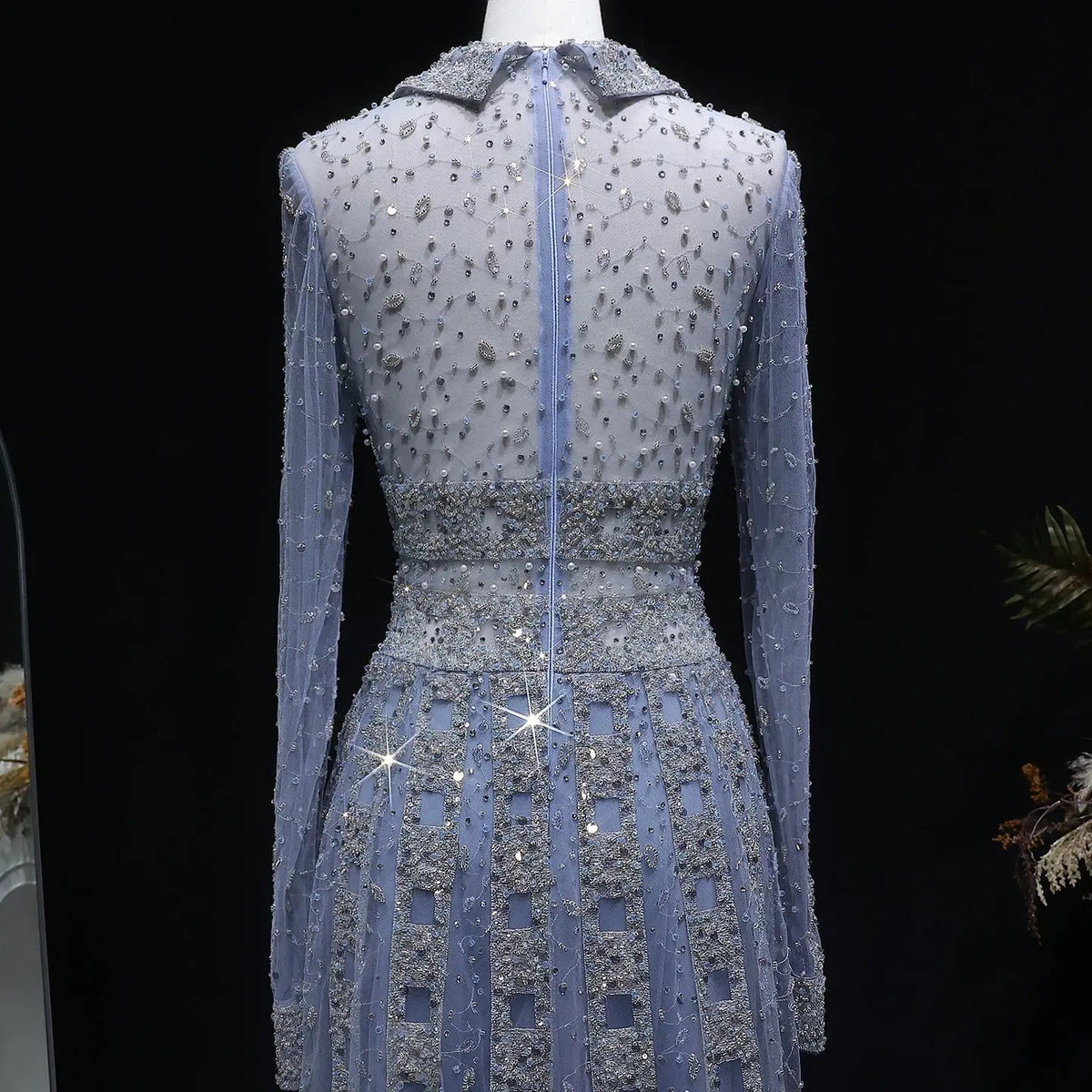 Luxury Blue Notched Collar Long Sleeve Beaded Evening Dress SS419