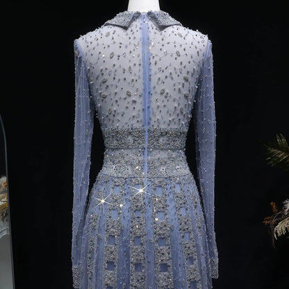 Luxury Blue Notched Collar Long Sleeve Beaded Evening Dress SS419