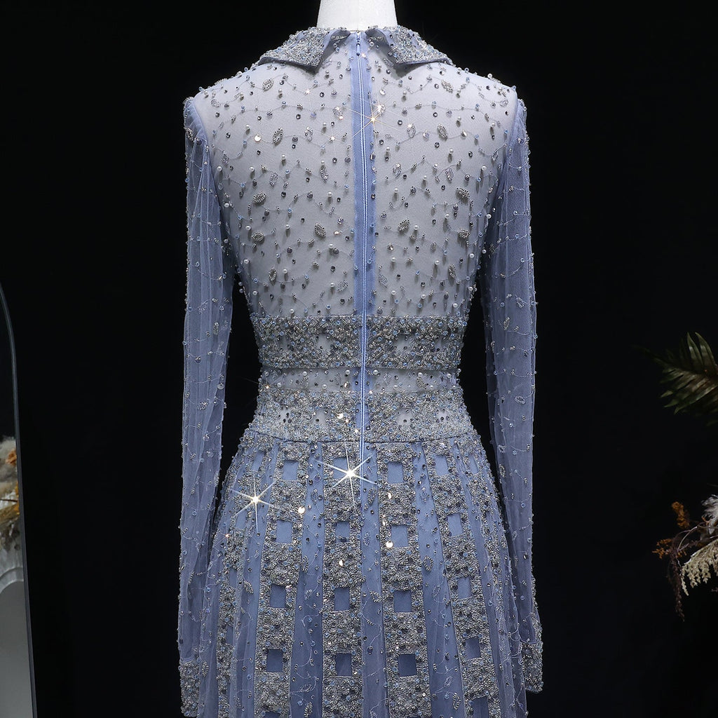 Elegant Champagne Notched Collar Beaded Long Sleeve Evening Dress SS419