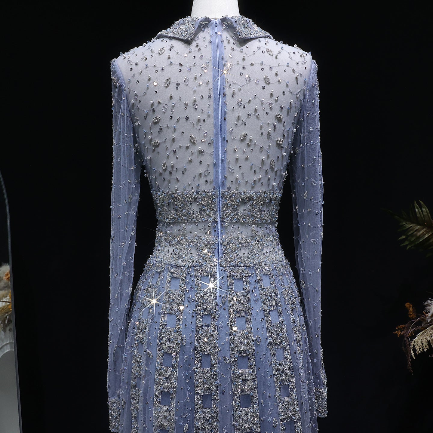 Elegant Champagne Notched Collar Beaded Long Sleeve Evening Dress SS419