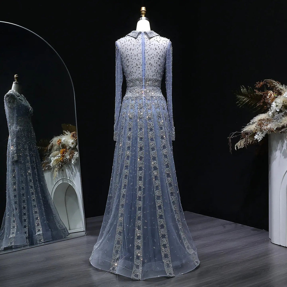 Luxury Blue Notched Collar Long Sleeve Beaded Evening Dress SS419