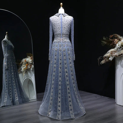 Luxury Blue Notched Collar Long Sleeve Beaded Evening Dress SS419