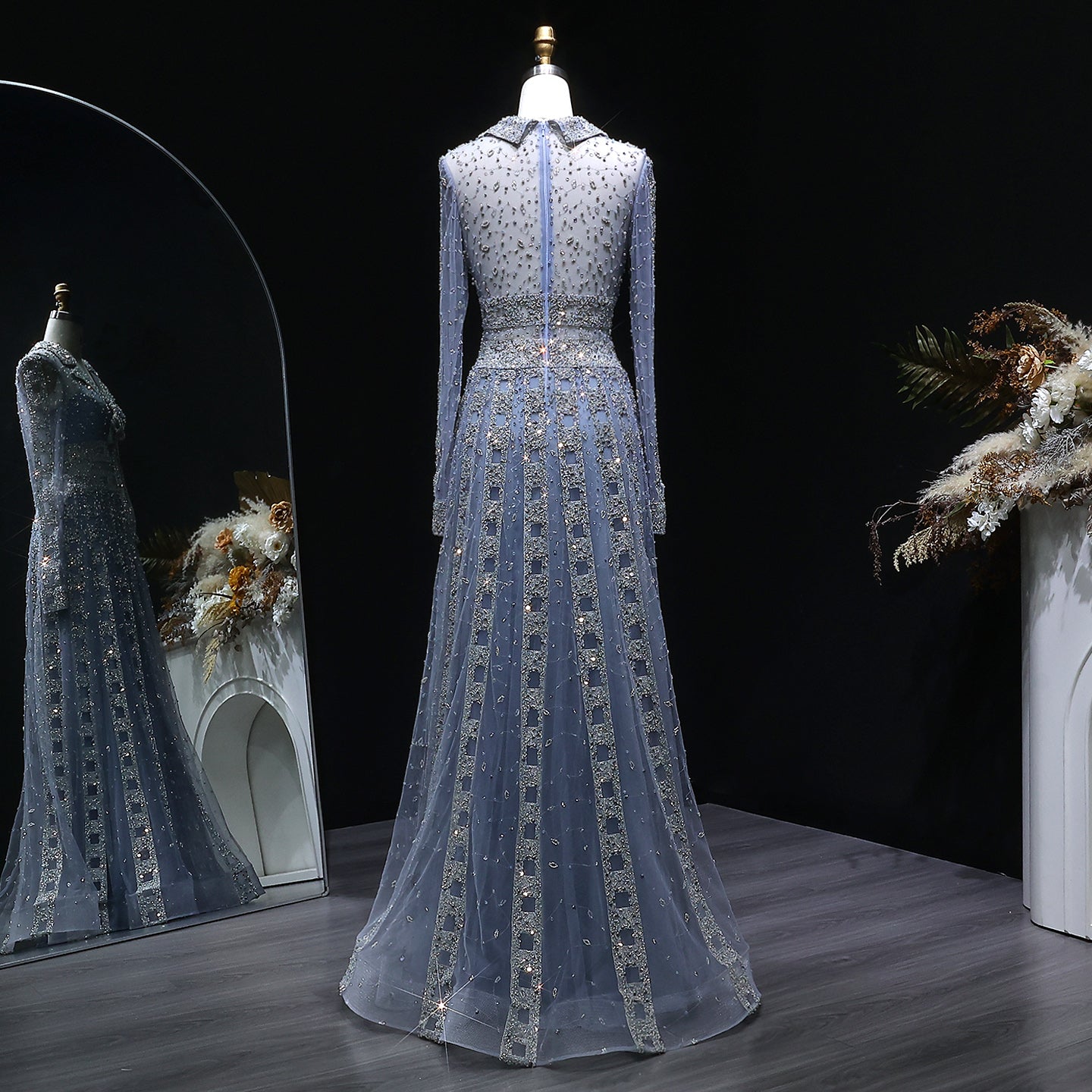 Elegant Champagne Notched Collar Beaded Long Sleeve Evening Dress SS419