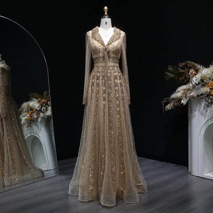 Luxury Blue Notched Collar Long Sleeve Beaded Evening Dress SS419