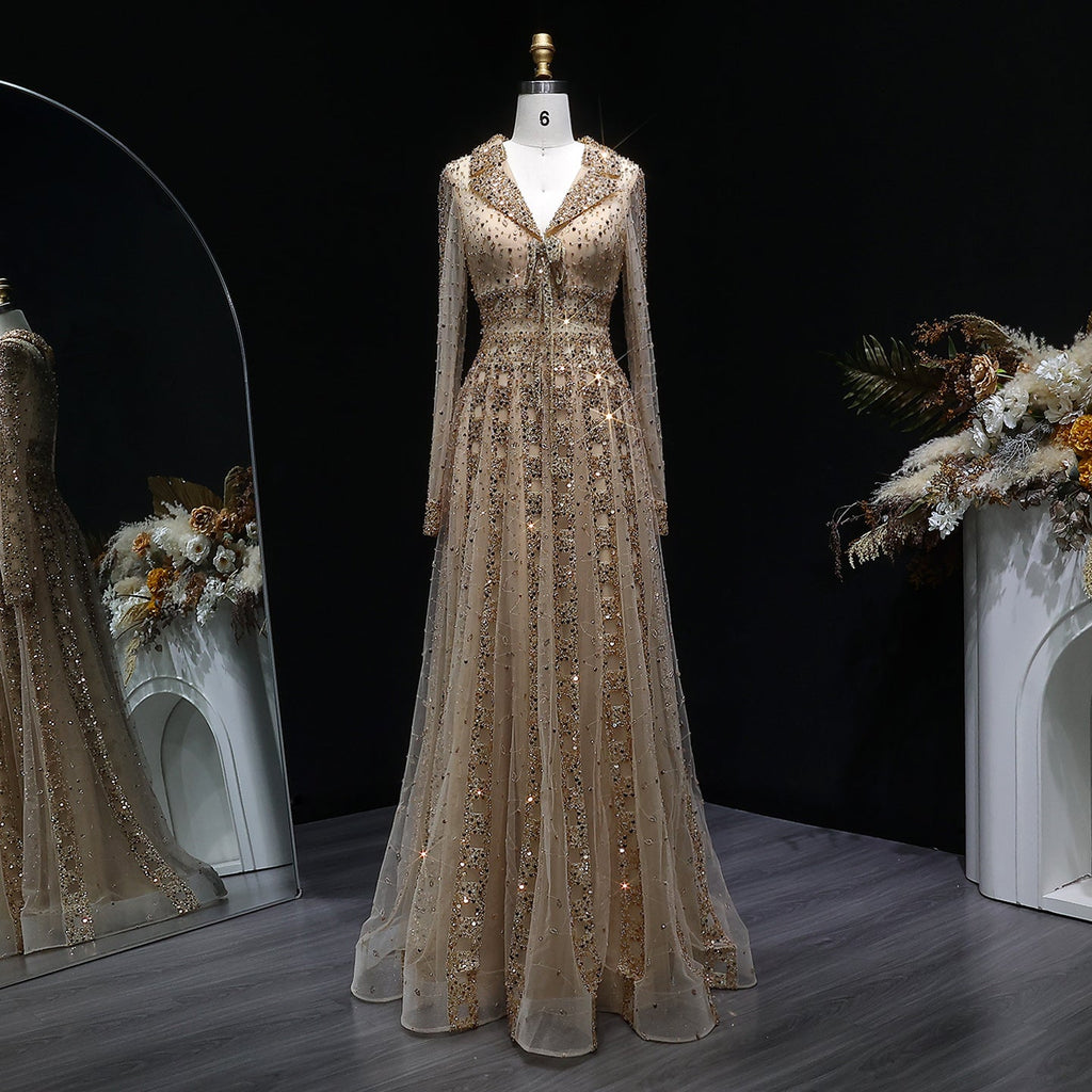 Elegant Champagne Notched Collar Beaded Long Sleeve Evening Dress SS419