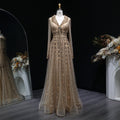 Elegant Champagne Notched Collar Beaded Long Sleeve Evening Dress SS419