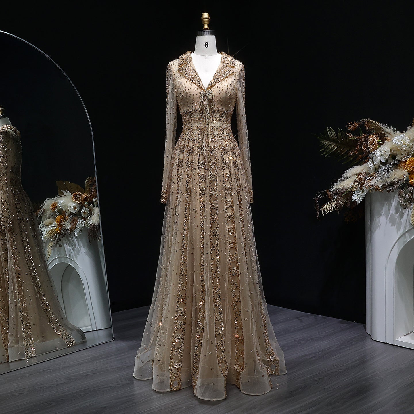 Elegant Champagne Notched Collar Beaded Long Sleeve Evening Dress SS419