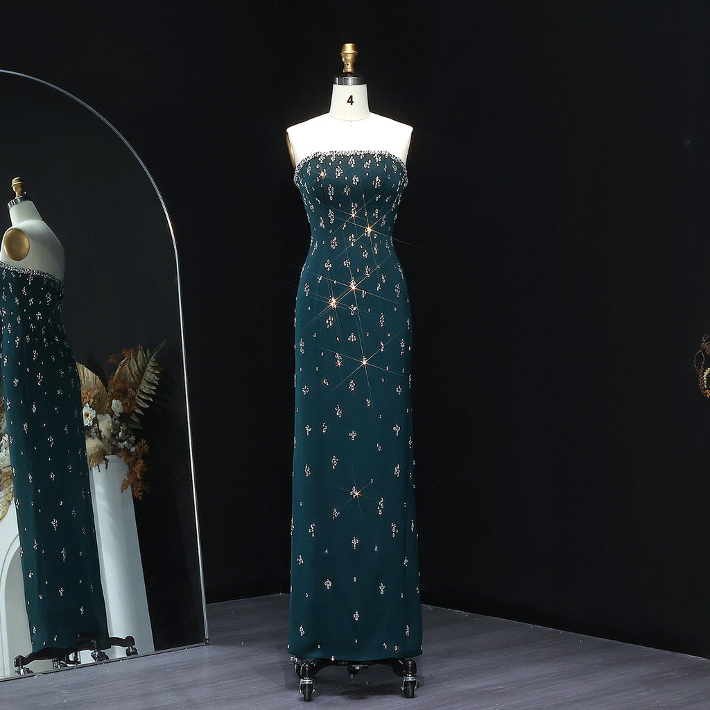 Elegant Rhinestones Strapless Emerald Green Evening Dress SS221