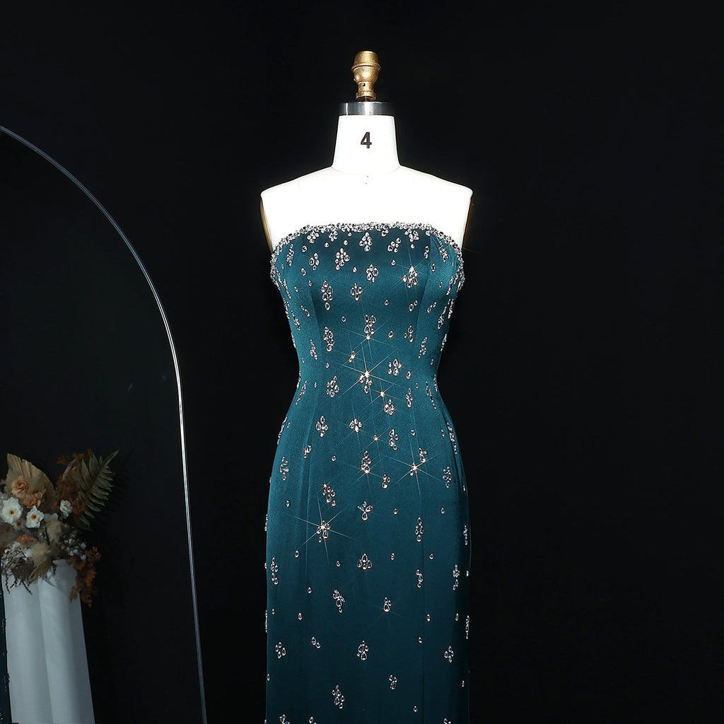 Elegant Rhinestones Strapless Emerald Green Evening Dress SS221