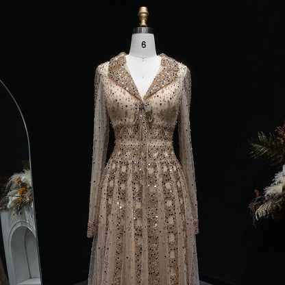 Luxury Blue Notched Collar Long Sleeve Beaded Evening Dress SS419