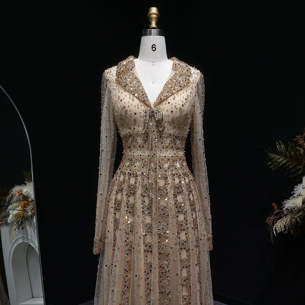 Elegant Champagne Notched Collar Beaded Long Sleeve Evening Dress SS419