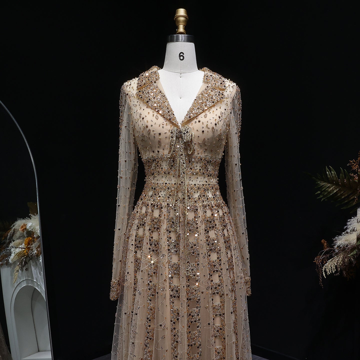 Elegant Champagne Notched Collar Beaded Long Sleeve Evening Dress SS419
