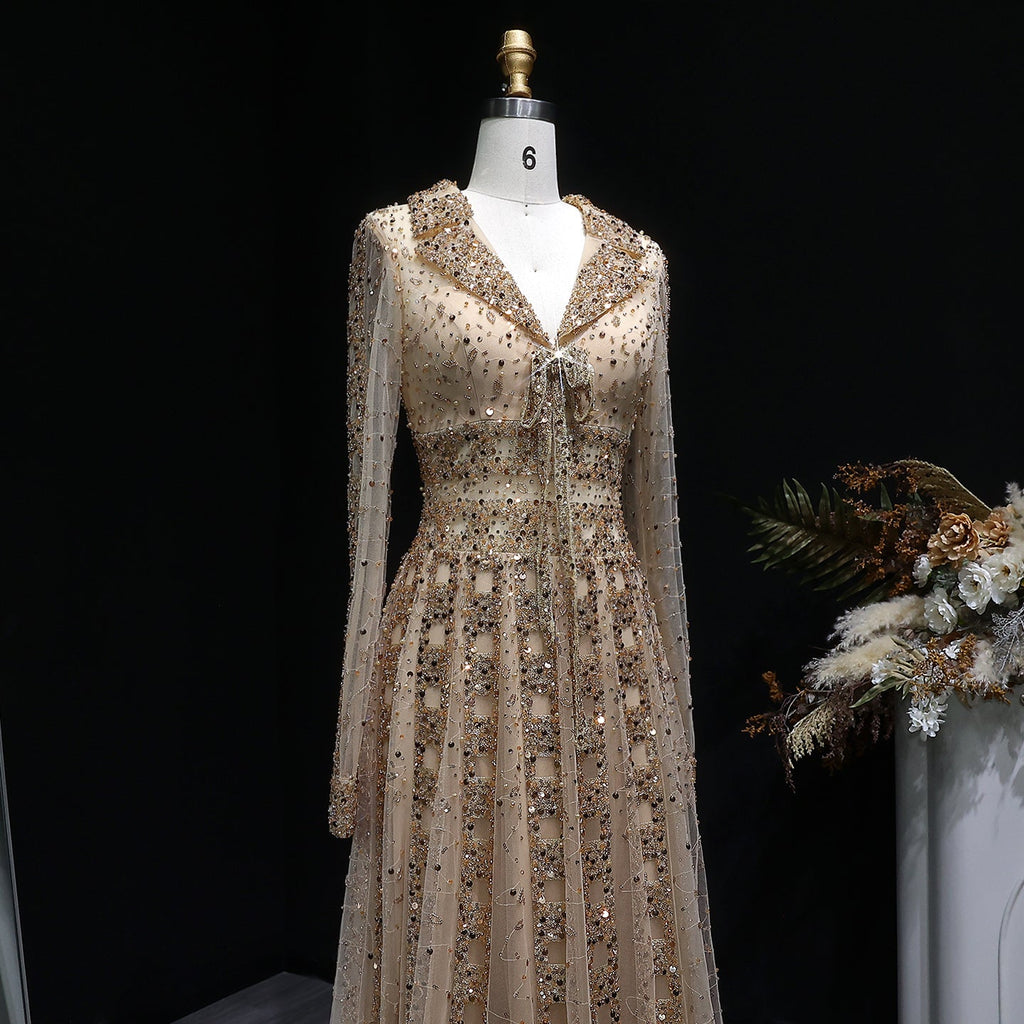 Elegant Champagne Notched Collar Beaded Long Sleeve Evening Dress SS419