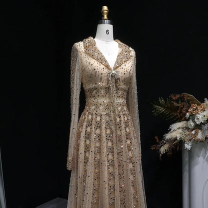 Luxury Blue Notched Collar Long Sleeve Beaded Evening Dress SS419