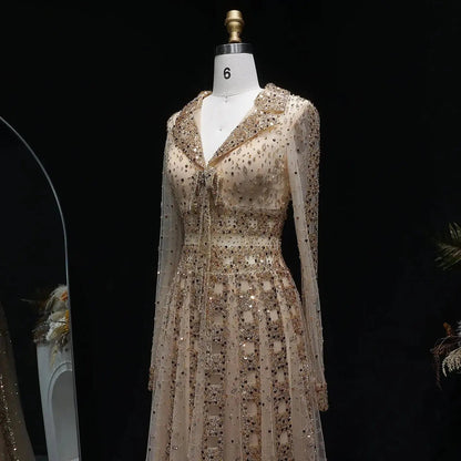 Luxury Blue Notched Collar Long Sleeve Beaded Evening Dress SS419