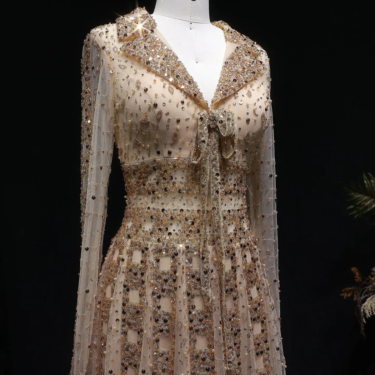 Luxury Blue Notched Collar Long Sleeve Beaded Evening Dress SS419