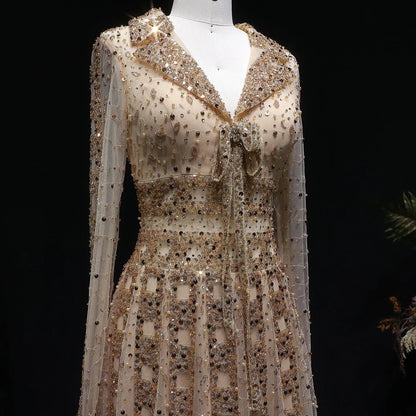 Luxury Blue Notched Collar Long Sleeve Beaded Evening Dress SS419