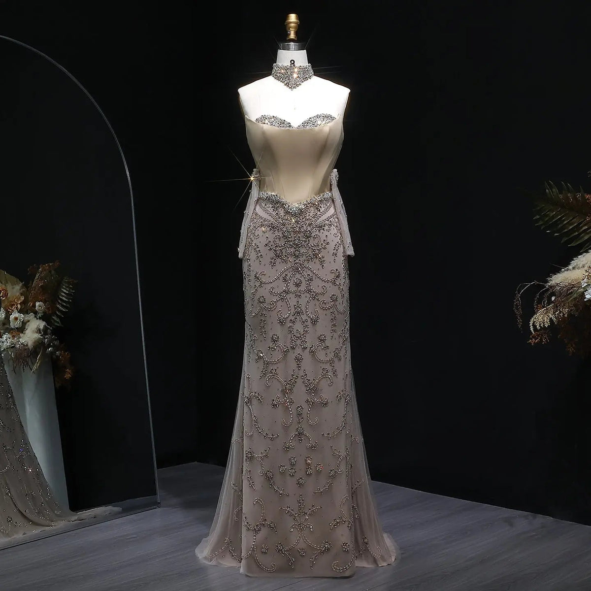 Luxury Beaded Mermaid Evening Dress with Scarf and Gloves SS069