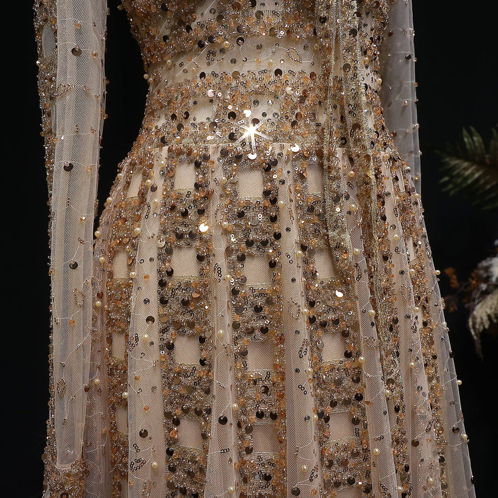 Elegant Champagne Notched Collar Beaded Long Sleeve Evening Dress SS419