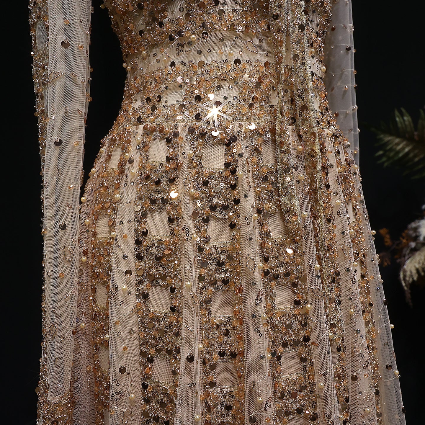 Elegant Champagne Notched Collar Beaded Long Sleeve Evening Dress SS419