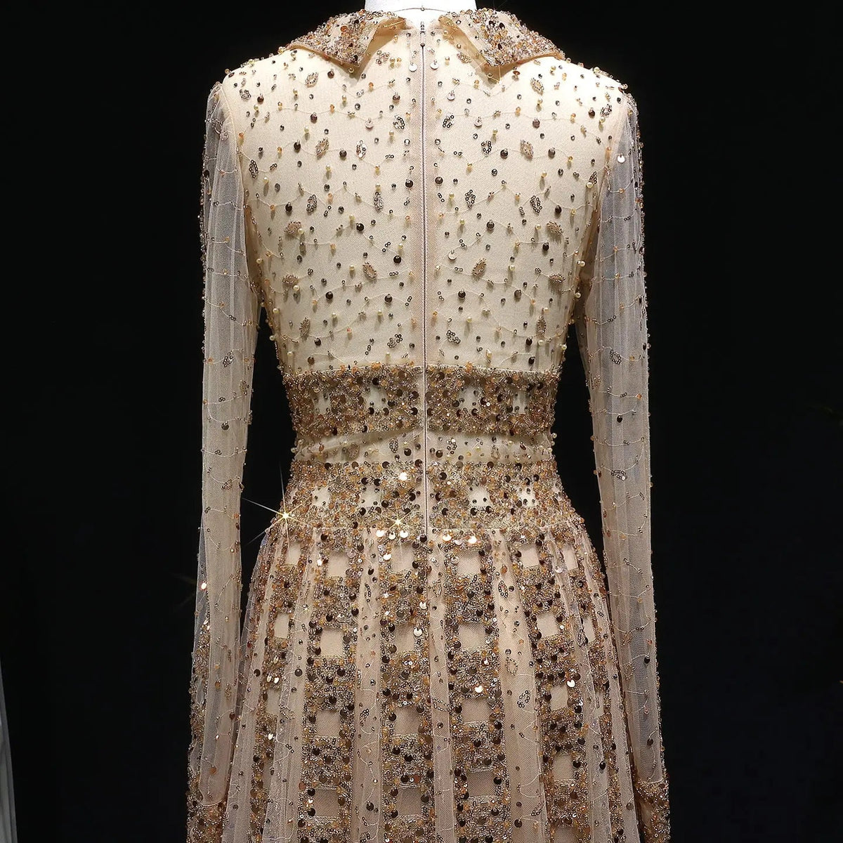 Luxury Blue Notched Collar Long Sleeve Beaded Evening Dress SS419