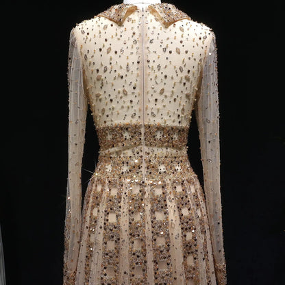 Luxury Blue Notched Collar Long Sleeve Beaded Evening Dress SS419