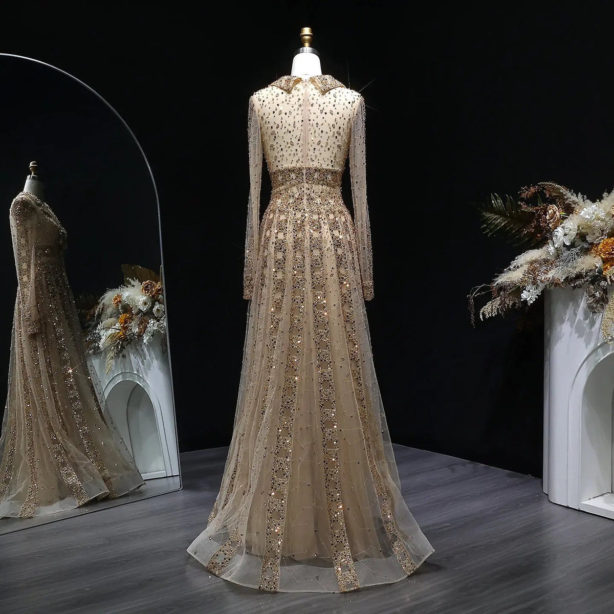 Luxury Blue Notched Collar Long Sleeve Beaded Evening Dress SS419