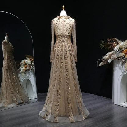 Luxury Blue Notched Collar Long Sleeve Beaded Evening Dress SS419
