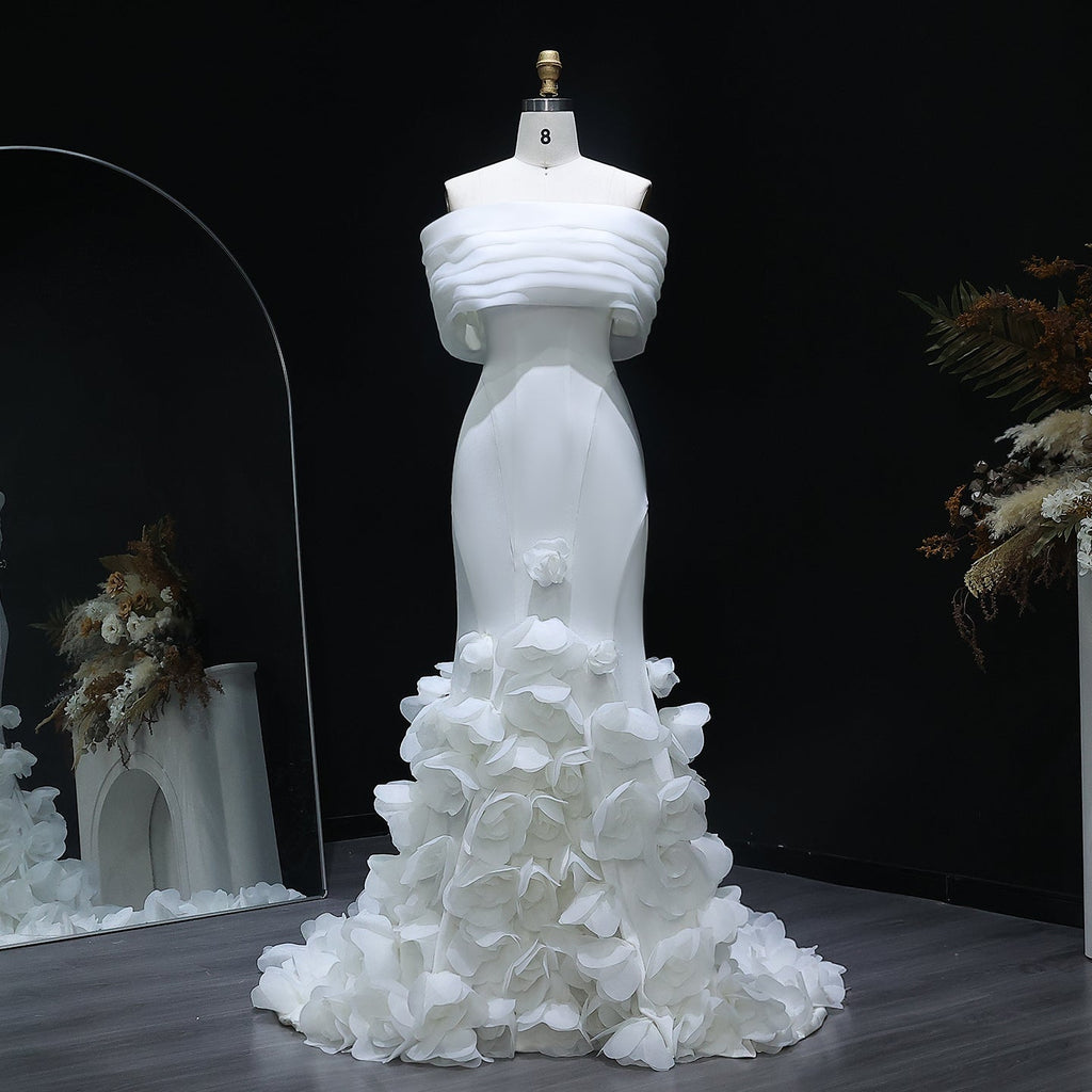 Elegant 3D flowers Off Shoulder White Evening Dress SF206