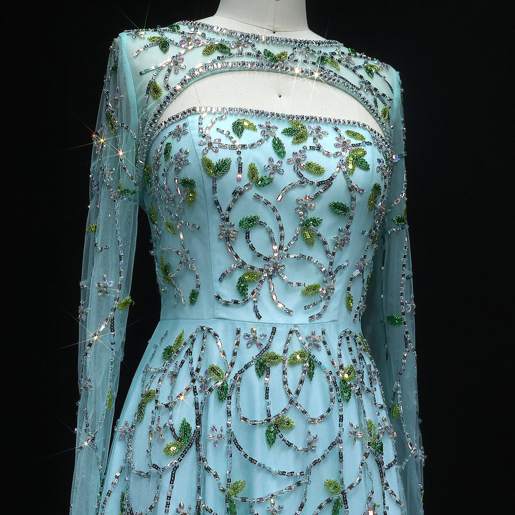 Elegant Beaded Sequins Long Sleeve Evening Dress SS593