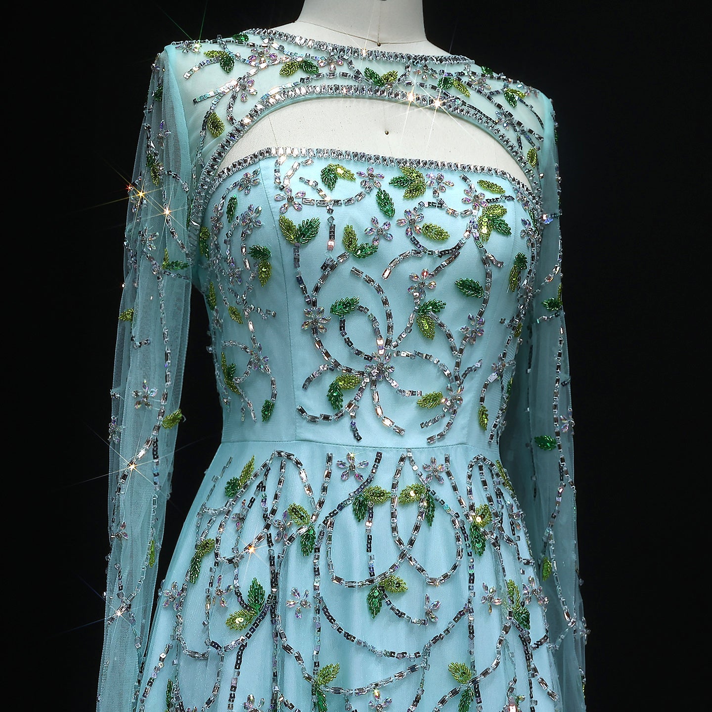 Elegant Beaded Sequins Long Sleeve Evening Dress SS593