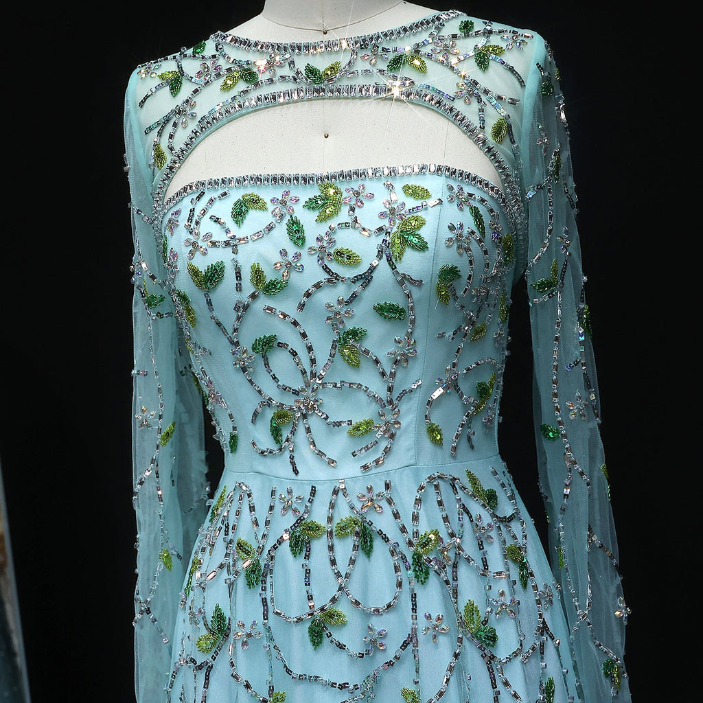 Elegant Beaded Sequins Long Sleeve Evening Dress SS593