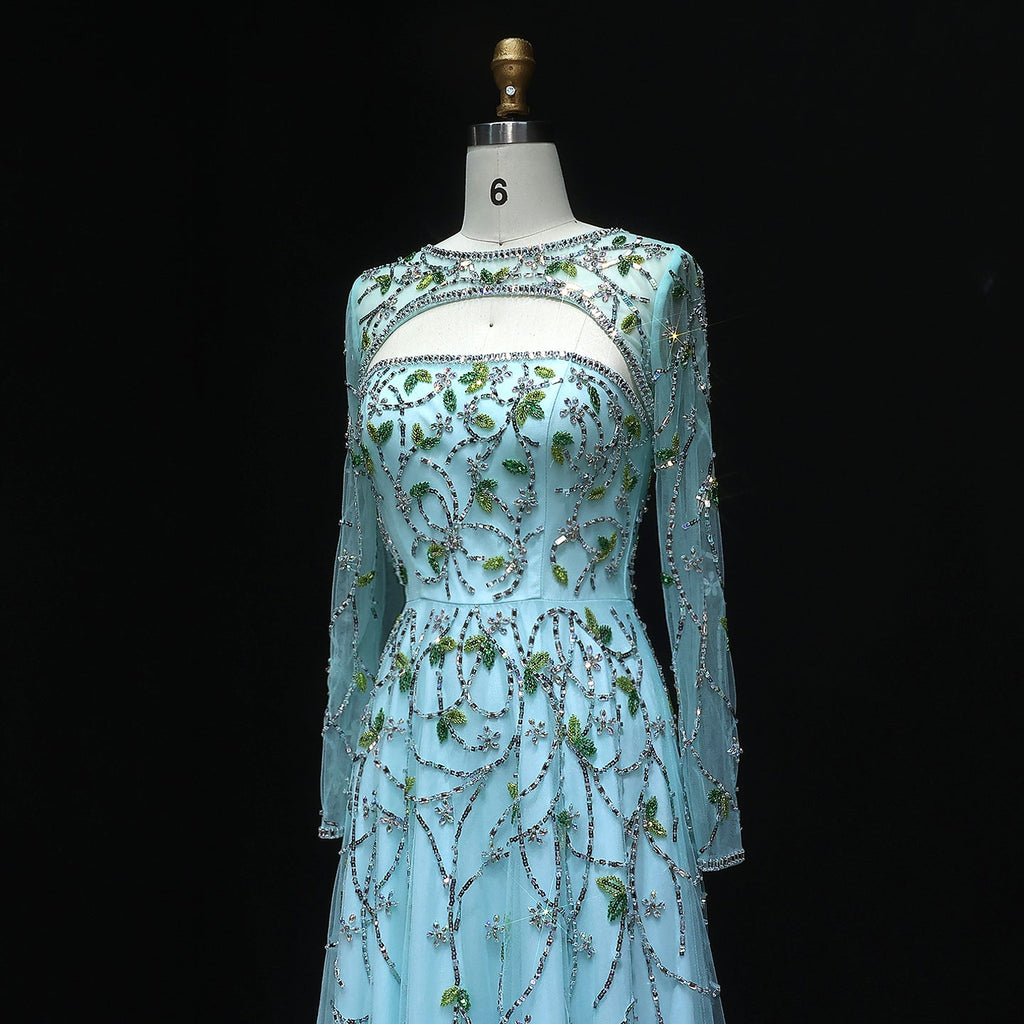 Elegant Beaded Sequins Long Sleeve Evening Dress SS593