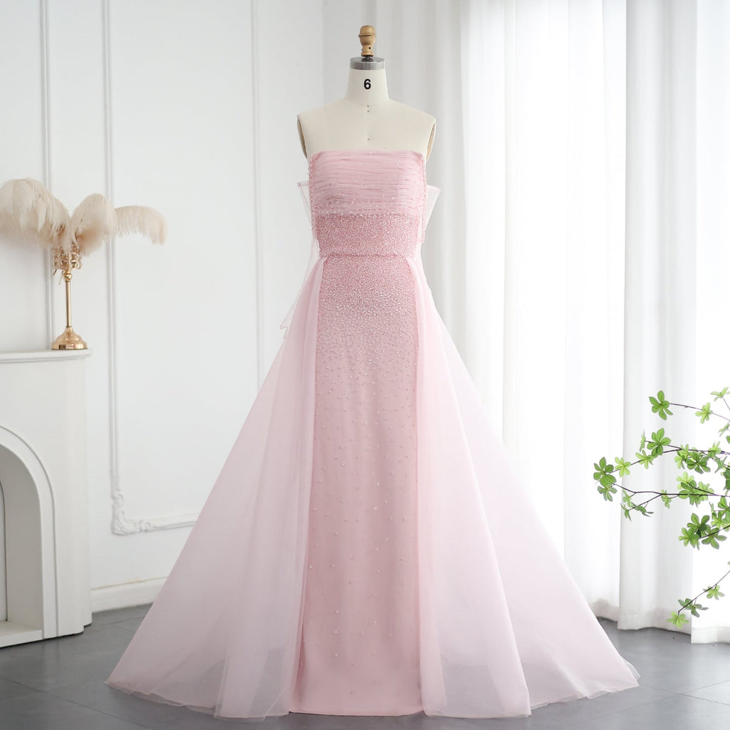 Luxury Beaded Pink Gloves Evening Dress with Overskirt SS429