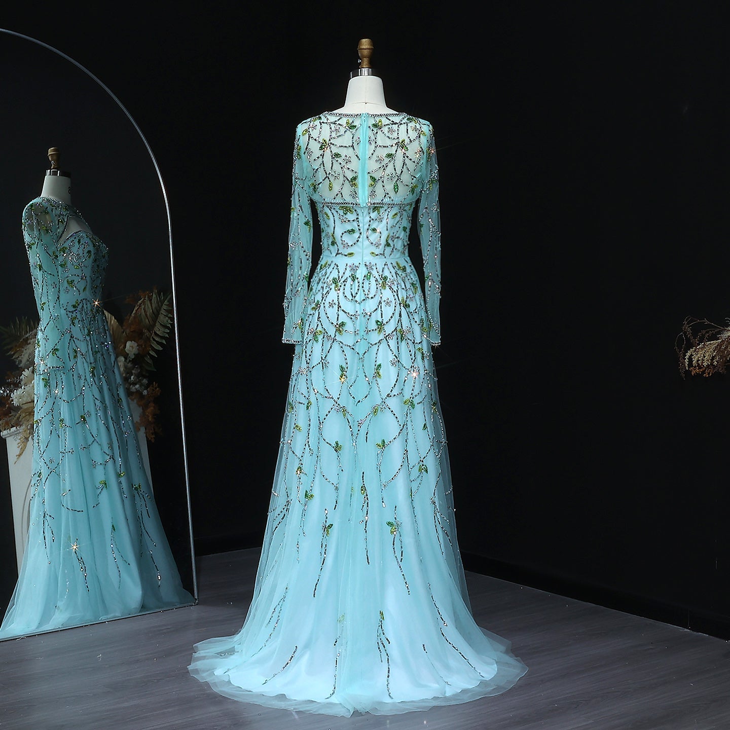 Elegant Beaded Sequins Long Sleeve Evening Dress SS593