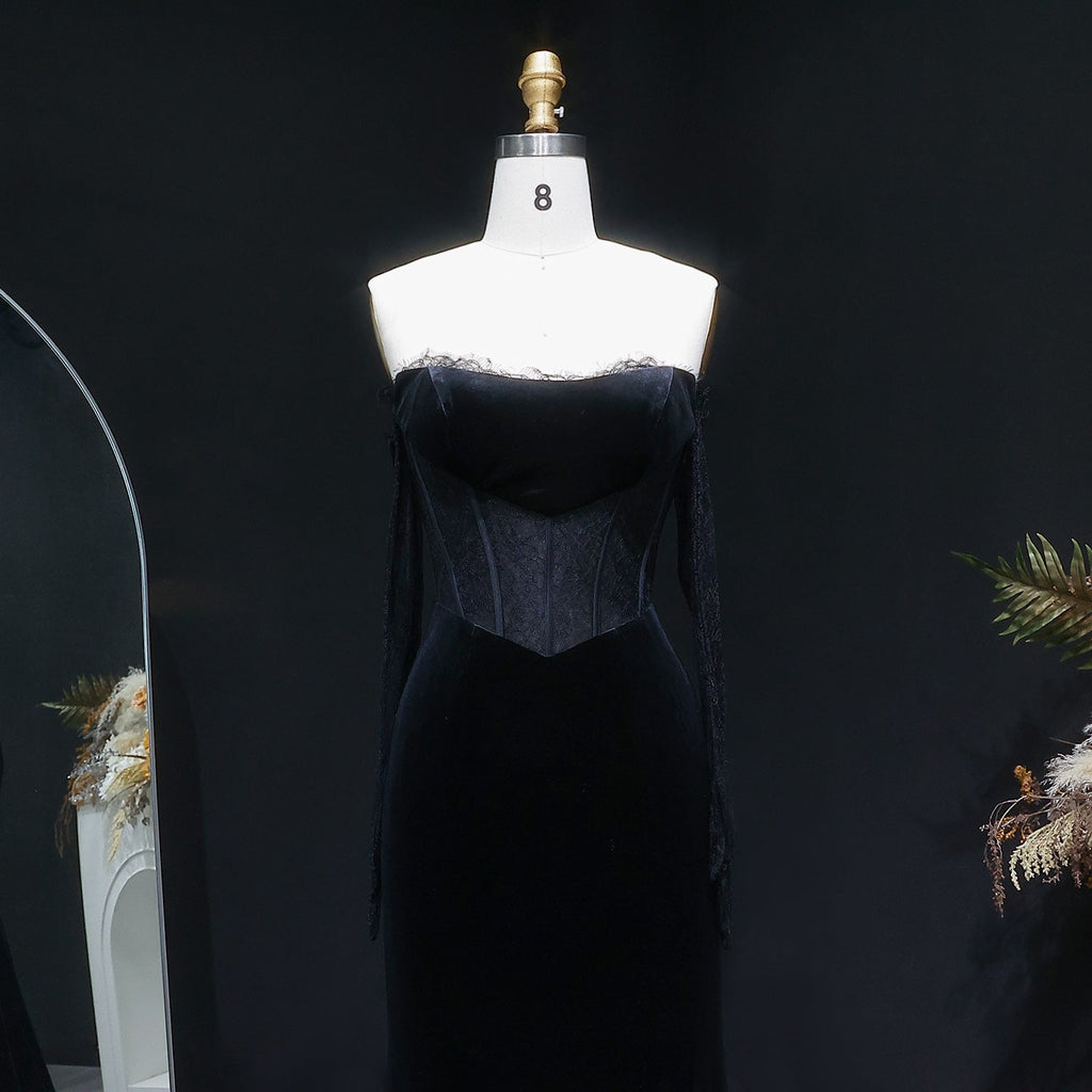 Luxury Black Strapless Corset Bodice Velvet Evening Dress with Gloves SF538