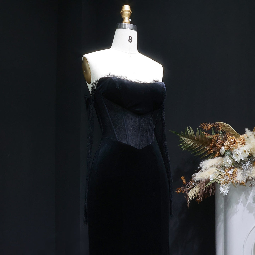 Luxury Black Strapless Corset Bodice Velvet Evening Dress with Gloves SF538