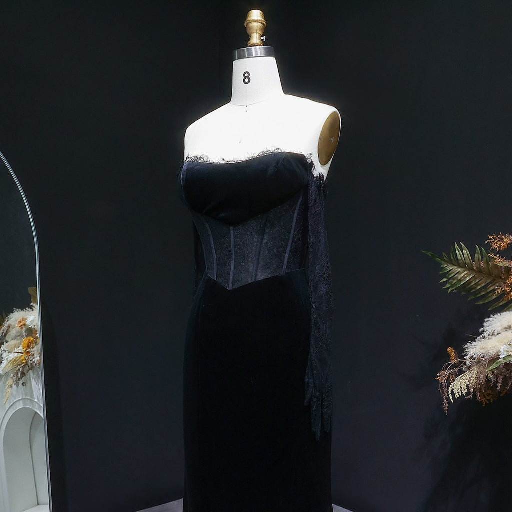 Luxury Black Strapless Corset Bodice Velvet Evening Dress with Gloves SF538