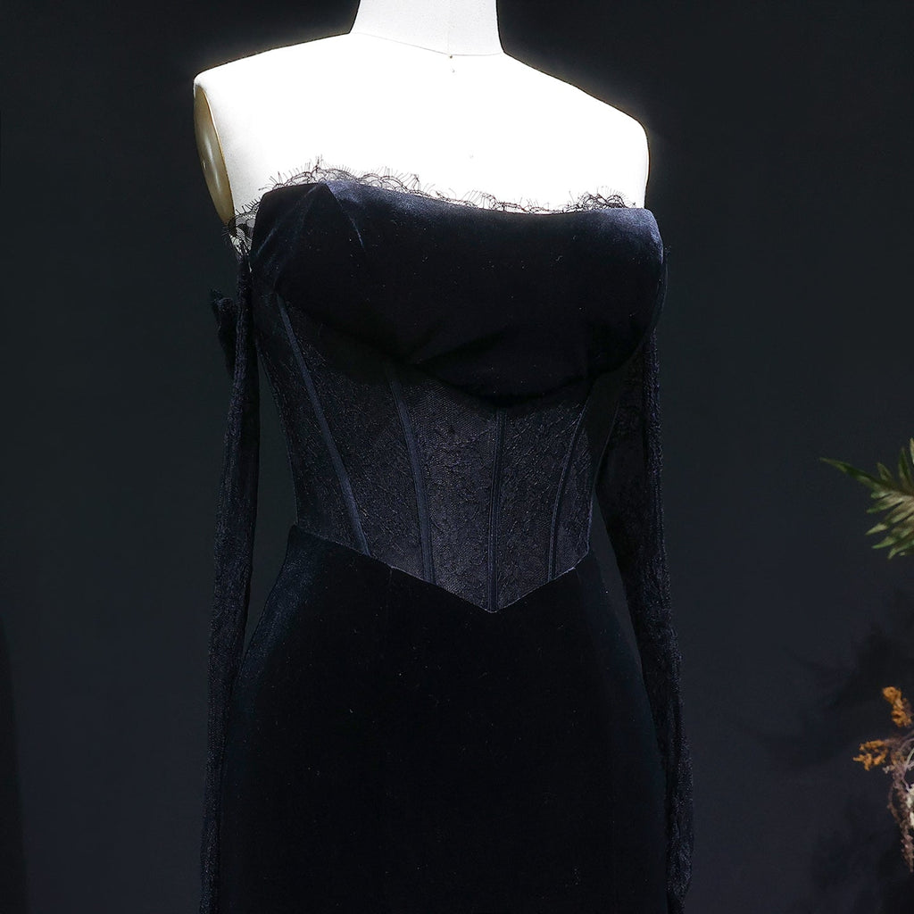 Luxury Black Strapless Corset Bodice Velvet Evening Dress with Gloves SF538