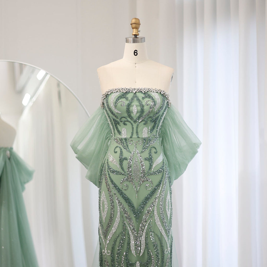 Elegant Crystal Sage Green Evening Dresses with Cape Sleeves SS345