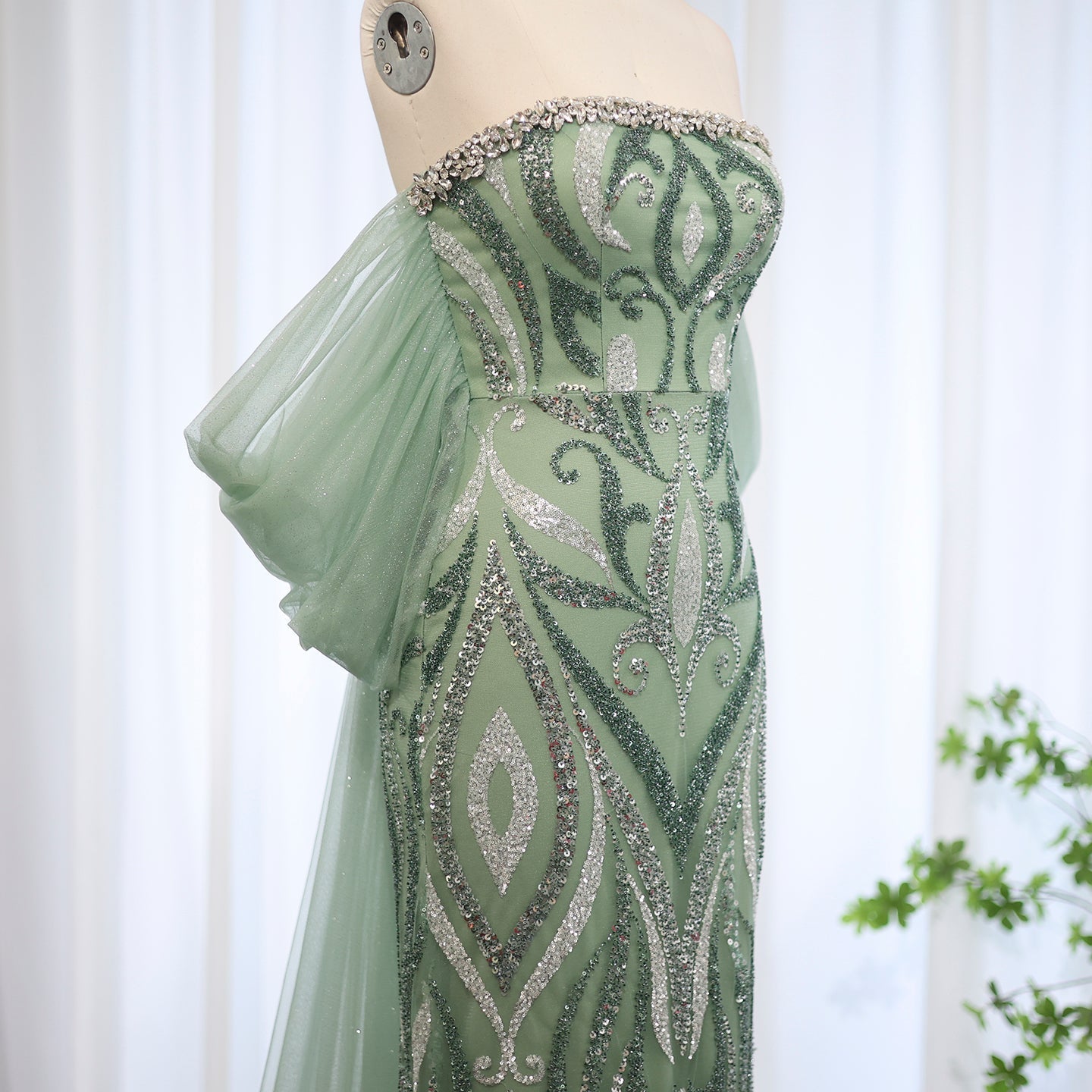 Elegant Crystal Sage Green Evening Dresses with Cape Sleeves SS345