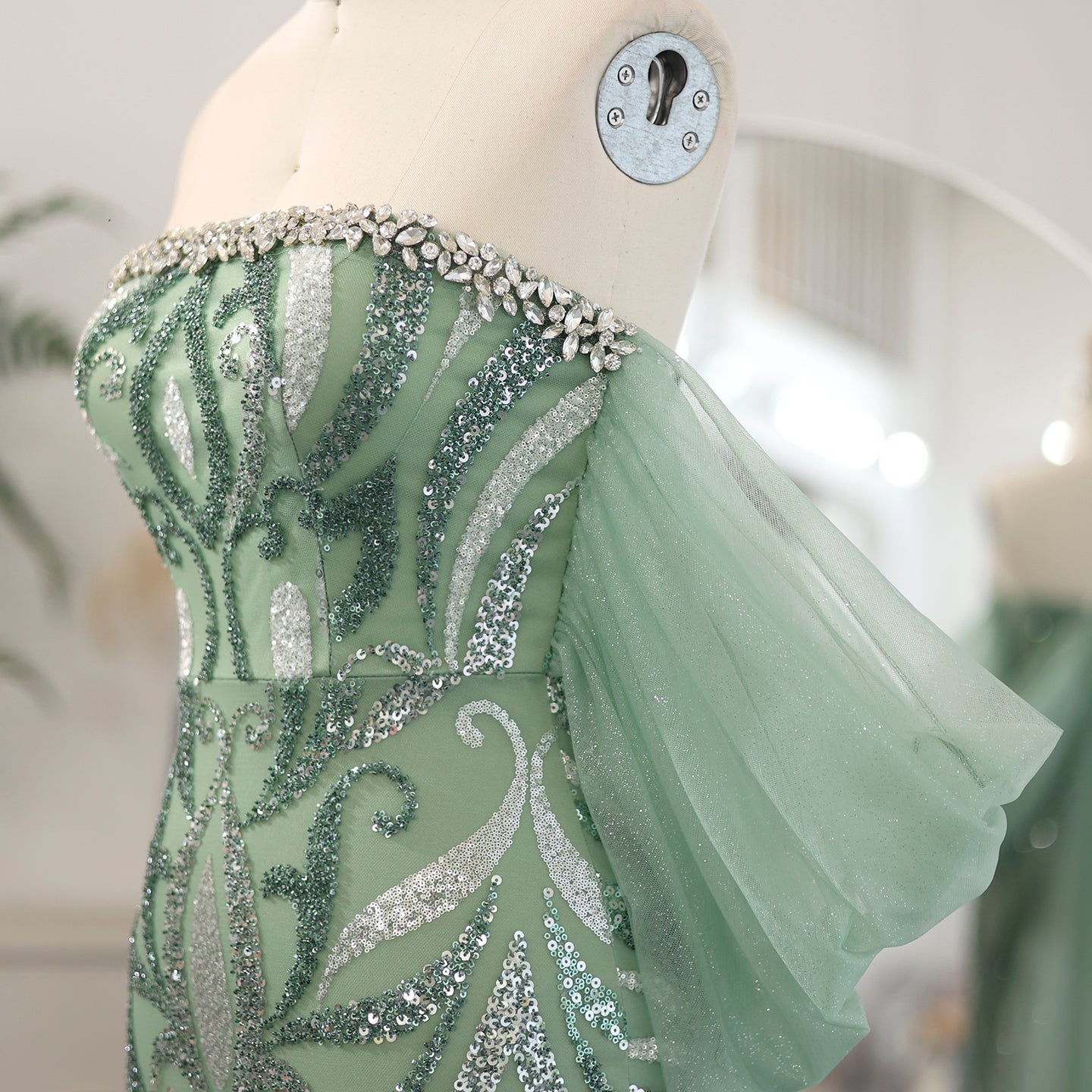 Elegant Crystal Sage Green Evening Dresses with Cape Sleeves SS345
