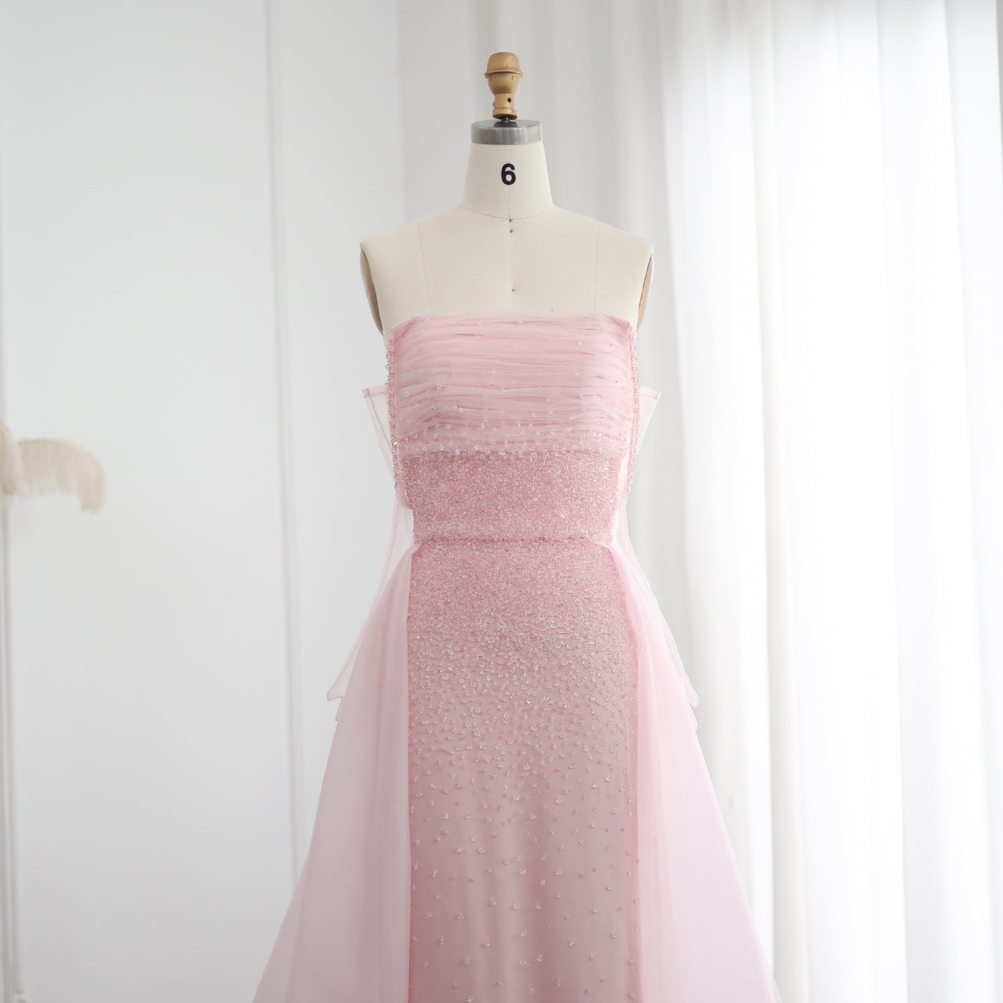 Luxury Beaded Pink Gloves Evening Dress with Overskirt SS429