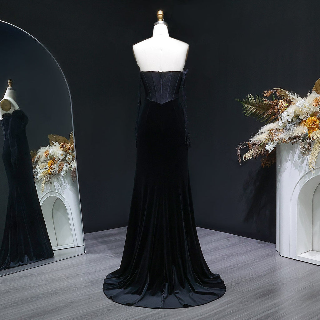 Luxury Black Strapless Corset Bodice Velvet Evening Dress with Gloves SF538