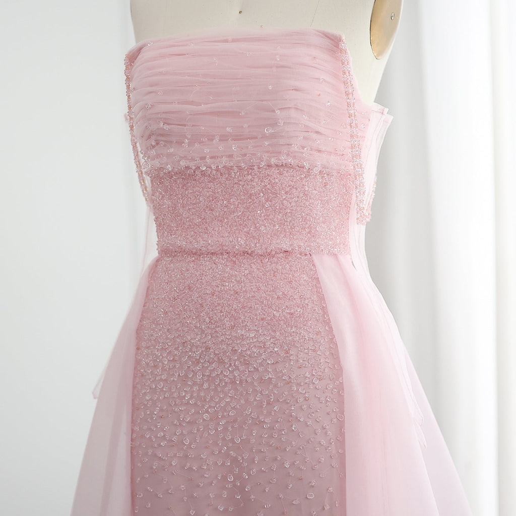 Luxury Beaded Pink Gloves Evening Dress with Overskirt SS429