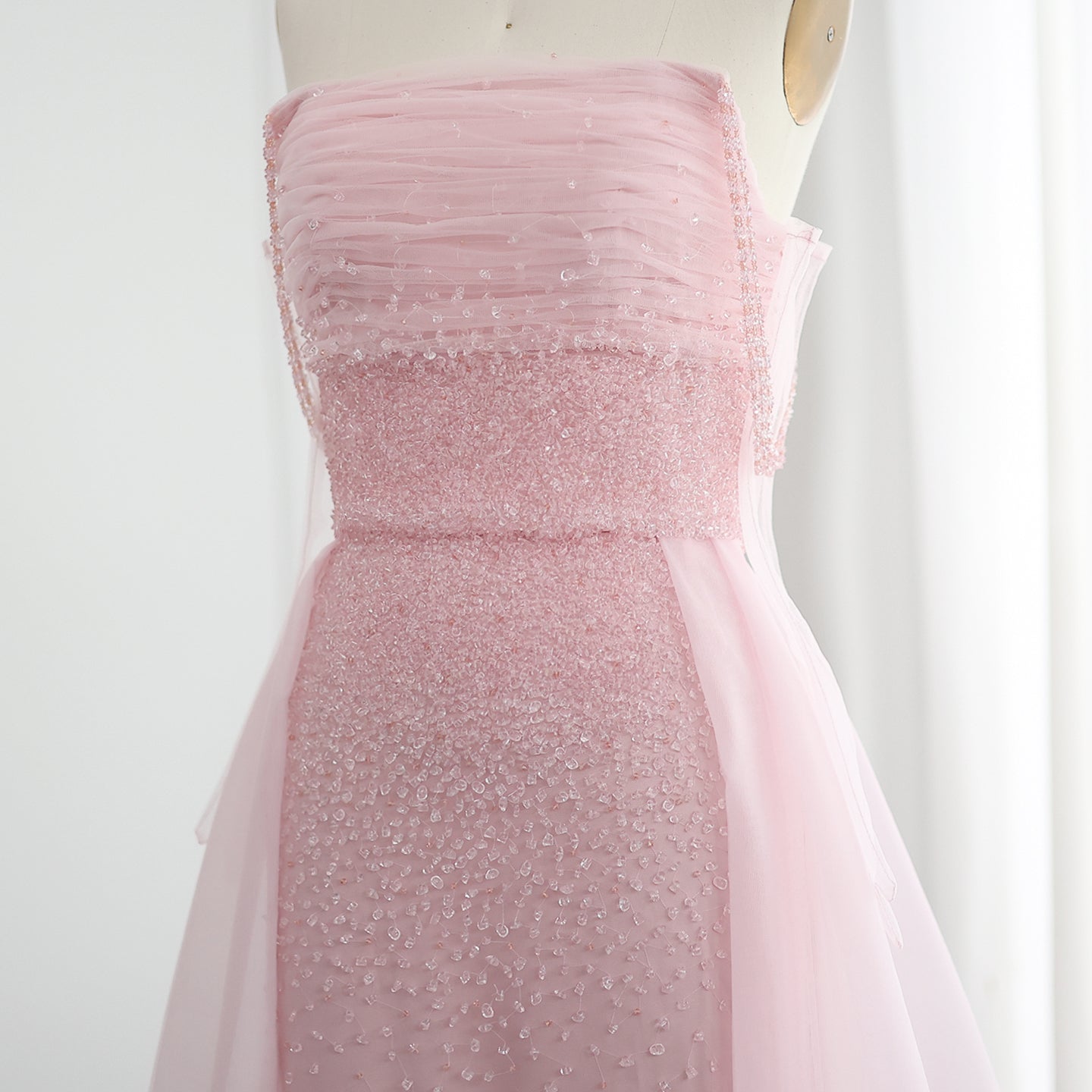 Luxury Beaded Pink Gloves Evening Dress with Overskirt SS429